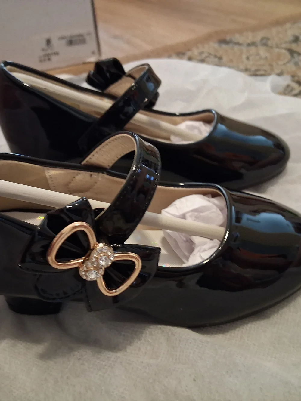 Eithy Black Patent Mary Jane Shoes W/Gold Bow Rhinestone US SIZE 9